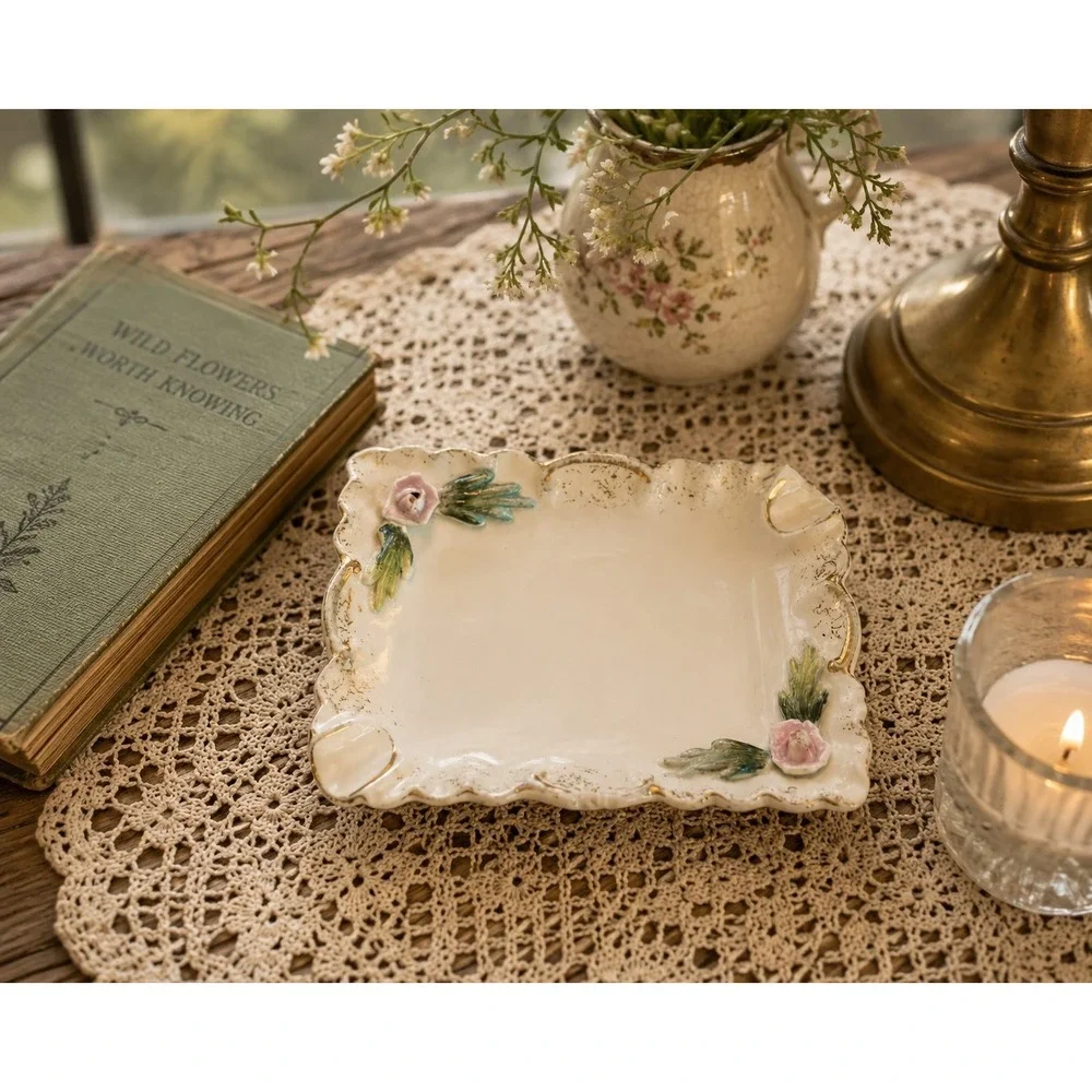 VTG Lefton Pink Gold Trim 3D Applied Flowers Ceramic Ladies Ashtray Victorian